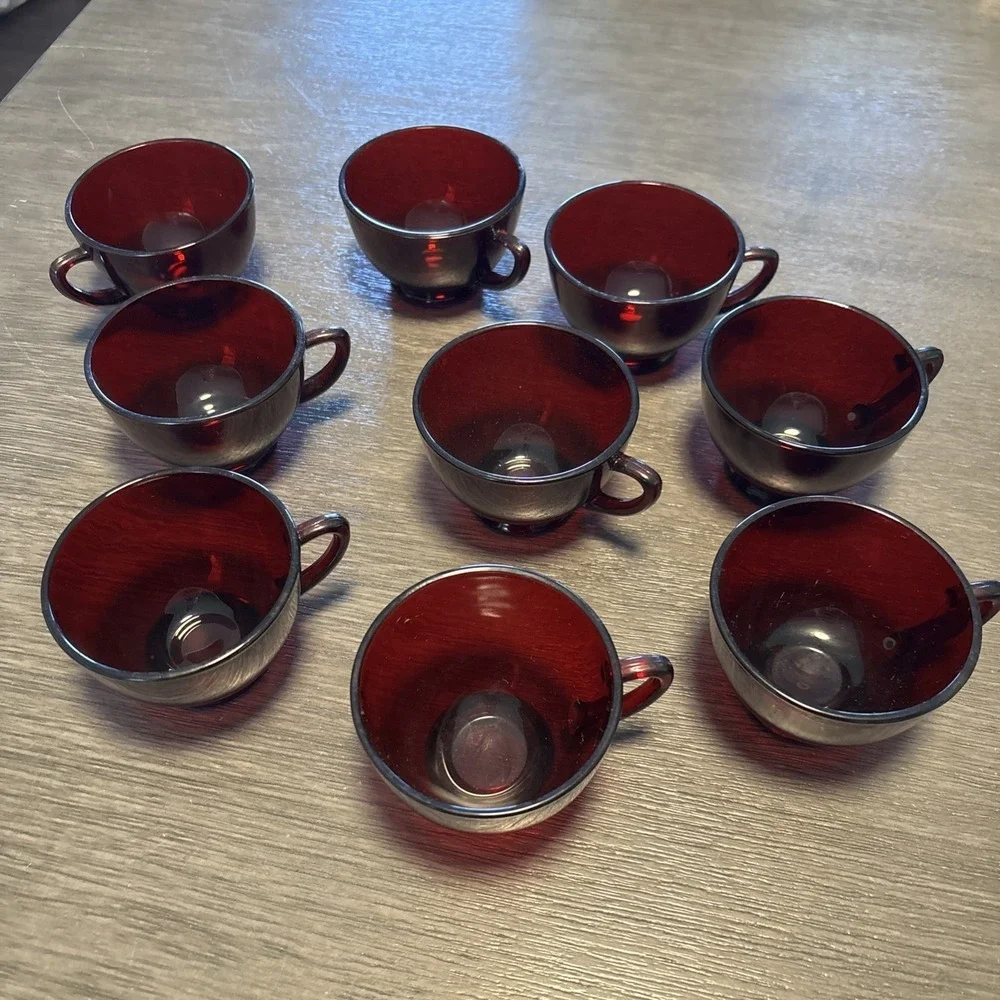 Anchor Hocking Royal Ruby Red‎ Glass Set of 9 Punch Bowl Cups Coffee Tea Mug